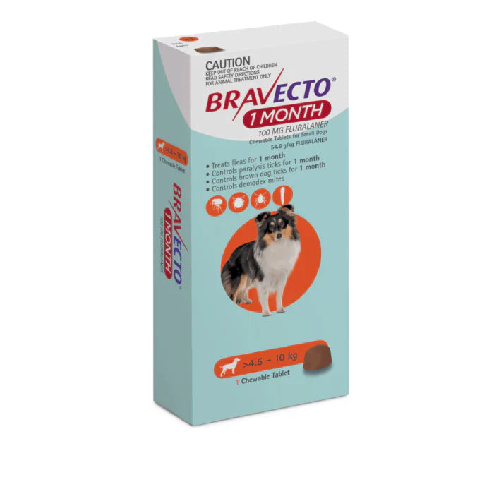 Bravecto 1 Mes para Perro de 4.5 a 10 Kg - 100 Mg - Antipulgas y Garrapatas